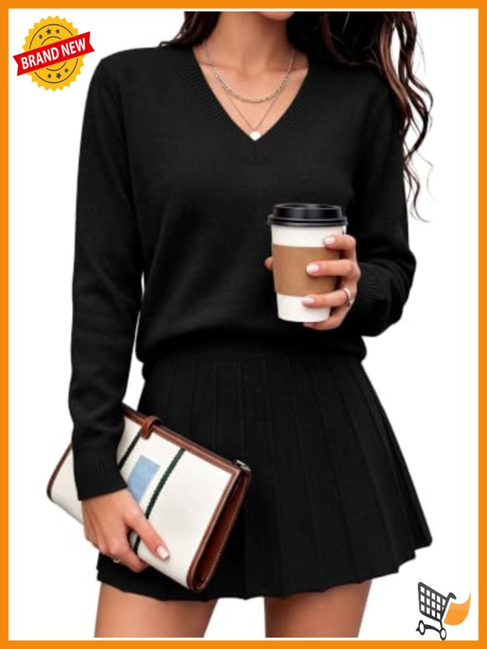 Womens 2 Piece Sweater Skirt Set V Neck Long Sleeve Pleated Mini